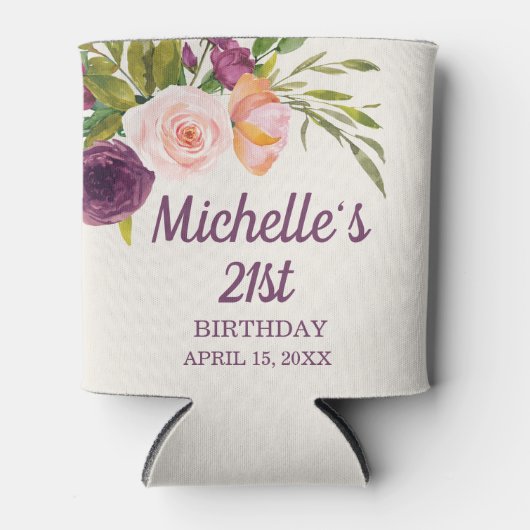 Paarse Blush Pink Floral Cream 21st Birthday Blikjeskoeler (Voorkant)