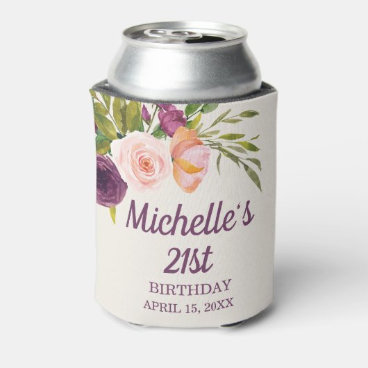 Paarse Blush Pink Floral Cream 21st Birthday Blikjeskoeler (Blikje Achterkant)