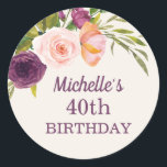 Paarse Blush Pink Floral Cream 40th Birthday Ronde Sticker<br><div class="desc">Prachtige paarse en wazige roze waterverf floral on crème-kleurige enveloppe voor de verzegeling van de 40e verjaardag van de sticker voor vrouwen. Neem contact met ons op voor hulp bij aanpassingen of om passende producten aan te vragen.</div>