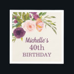 Paarse Blush Pink Floral Cream 40th Birthday Servet<br><div class="desc">Prachtige paarse en wazige roze waterverf floral on crème-kleurige 40e verjaardagsfeestje, aangepast papier voor vrouwen. Deze luiers hebben een overeenkomend collectie voor verjaardagsfeestjes in mijn winkel met uitnodigingen en partijbenodigdheden met deze prachtige waterverf floral. De tekst is klantgericht ongeacht leeftijd of de gebeurtenis u kunt vieren. Neem contact met mij...</div>