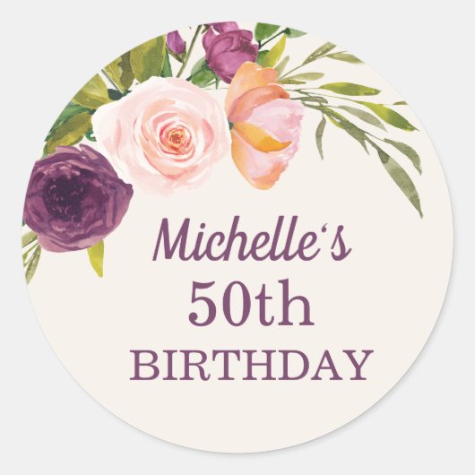 Paarse Blush Pink Floral Cream 50th Birthday Ronde Sticker (Voorkant)