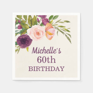 Paarse Blush Pink Floral Cream 60th Birthday Servet