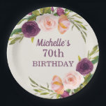Paarse Blush Pink Floral Cream 70th Birthday Papieren Bordje<br><div class="desc">Mooie paarse,  bruine en lichtroze waterverf florale op roomkleurige,  op 70e verjaardag geüniformeerde borden voor vrouwen. Neem contact met ons op voor hulp bij aanpassingen of om passende producten aan te vragen</div>