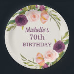 Paarse Blush Pink Floral Cream 70th Birthday Papieren Bordje<br><div class="desc">Mooie paarse,  bruine en lichtroze waterverf florale op roomkleurige,  op 70e verjaardag geüniformeerde borden voor vrouwen. Neem contact met ons op voor hulp bij aanpassingen of om passende producten aan te vragen</div>