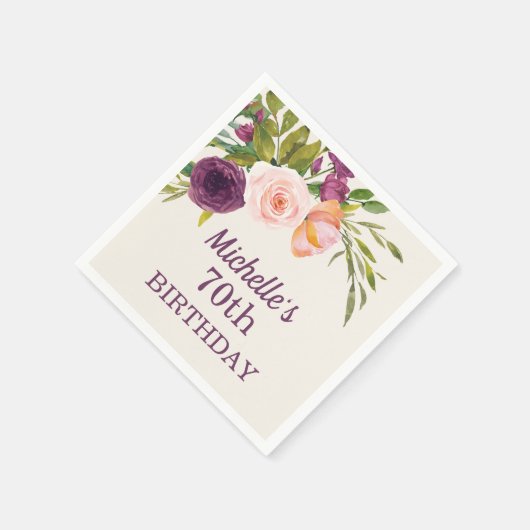 Paarse Blush Pink Floral Cream 70th Birthday Servet (Hoek)