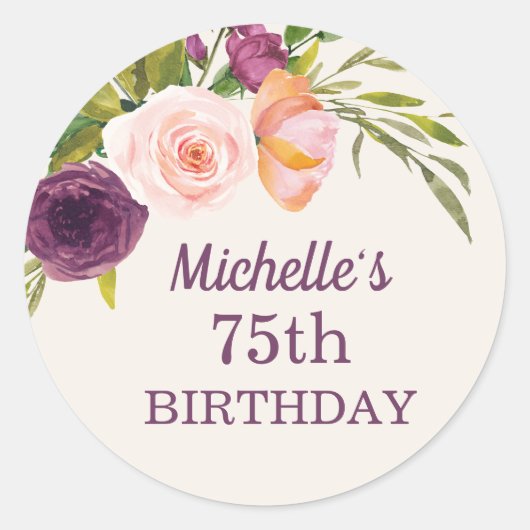 Paarse Blush Pink Floral Cream 75th Birthday Ronde Sticker (Voorkant)