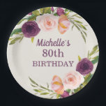 Paarse Blush Pink Floral Cream 80th Birthday Papieren Bordje<br><div class="desc">Mooie paarse,  bruine en lichtroze waterverf op roomkleurige borden van het 80ste verjaardagsfeestje op papier voor vrouwen. Neem contact met ons op voor hulp bij aanpassingen of om passende producten aan te vragen.</div>