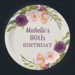 Paarse Blush Pink Floral Cream 80th Birthday Papieren Bordje<br><div class="desc">Mooie paarse,  bruine en lichtroze waterverf op roomkleurige borden van het 80ste verjaardagsfeestje op papier voor vrouwen. Neem contact met ons op voor hulp bij aanpassingen of om passende producten aan te vragen.</div>