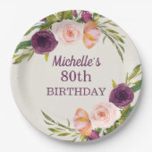 Paarse Blush Pink Floral Cream 80th Birthday Papieren Bordje (Voorkant)