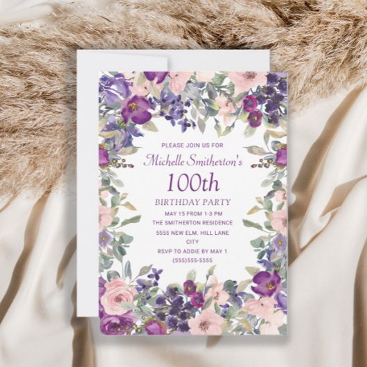 Paarse Blush Pink Floral Foliage 100th Birthday Kaart