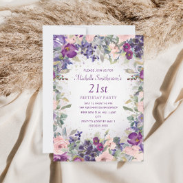 Paarse Blush Pink Floral Foliage 21st Birthday Kaart