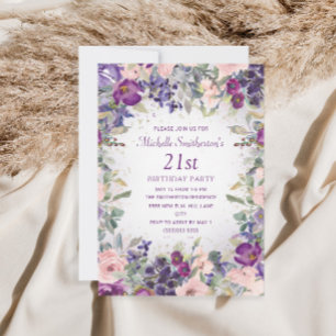 Paarse Blush Pink Floral Foliage 21st Birthday Kaart