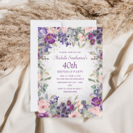Paarse Blush Pink Floral Foliage 40th Birthday Kaart