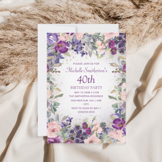 Paarse Blush Pink Floral Foliage 40th Birthday Kaart