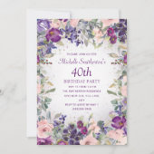 Paarse Blush Pink Floral Foliage 40th Birthday Kaart (Voorkant)