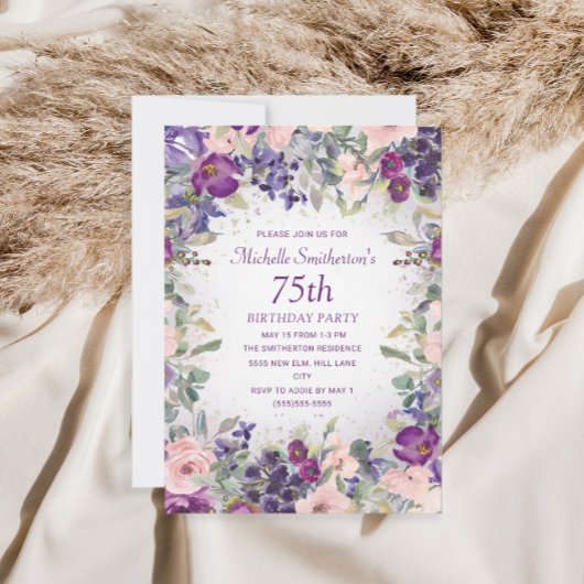 Paarse Blush Pink Floral Foliage 75th Birthday Kaart