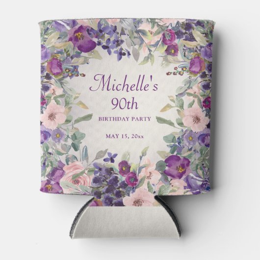 Paarse Blush Pink Floral Foliage 90th Birthday Blikjeskoeler (Voorkant)