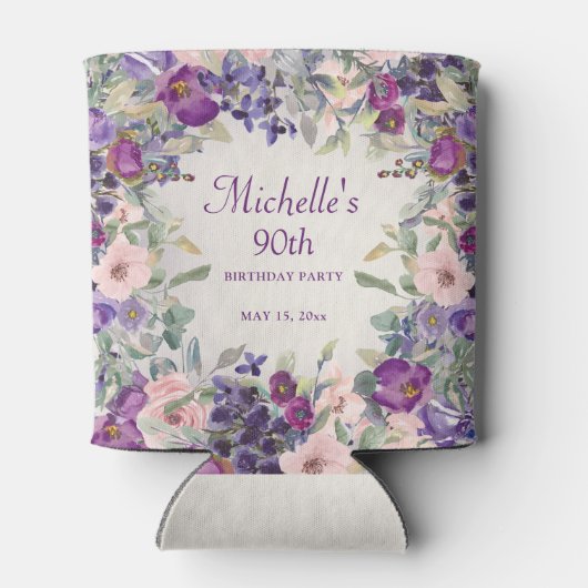 Paarse Blush Pink Floral Foliage 90th Birthday Blikjeskoeler (Achterkant)