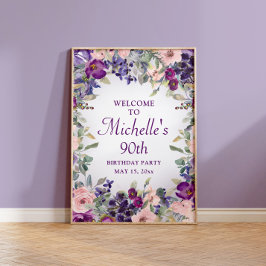 Paarse Blush Pink Floral Foliage 90th Birthday Poster