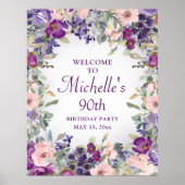 Paarse Blush Pink Floral Foliage 90th Birthday Poster (Voorkant)