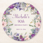 Paarse Blush Pink Floral Foliage 90th Birthday Ronde Kartonnen Onderzetter<br><div class="desc">Elegant en artistiek blush roze en paarse waterverf bloemen en gebladerte 90e verjaardagsfeestje rond papier onderzetter. Tekst kan volledig worden aangepast. Neem contact met mij op voor hulp bij uw aanpassingen of om extra Zazzle producten aan te vragen voor uw feest.</div>