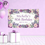 Paarse Blush Pink Floral Foliage 90th Birthday Spandoek<br><div class="desc">Vier een mijlpaal met deze elegante blush roze en paarse waterverf bloemige 90e verjaardagsfeest banner. Fijn ontworpen met zachte botanische accenten, voegt deze artistieke banner een verfijnde touch toe aan elke viering. De tekst is volledig aanpasbaar, waardoor het perfect is voor verjaardagen van elke leeftijd - of het nu een...</div>