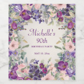 Paarse Blush Pink Floral Foliage 90th Birthday Wijn Etiket (Enkel label)