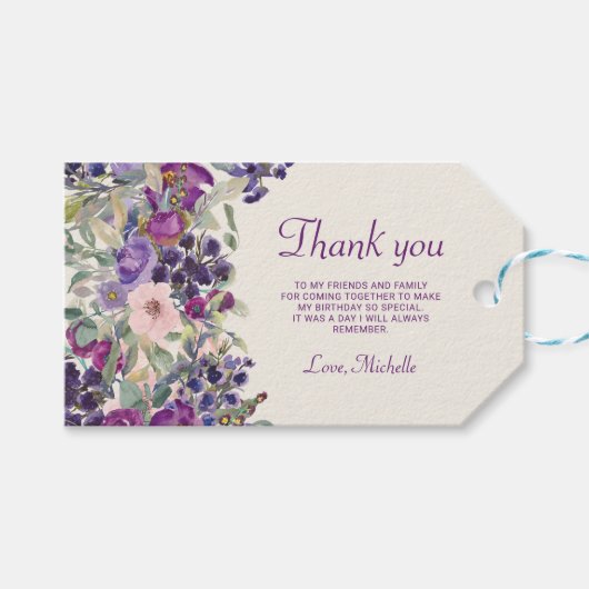 Paarse Blush Pink Floral Foliage Verjaardag Cadeaulabel (Voorkant (Horizontaal))