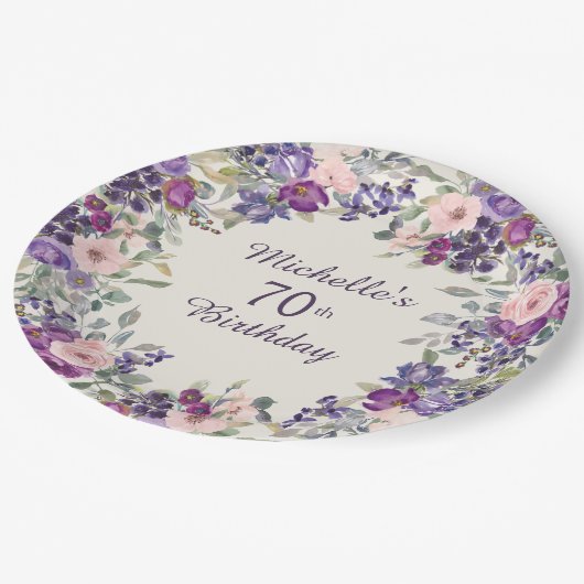Paarse Blush Pink Floral Leaves 70e verjaardag Papieren Bordje (Gekanteld)