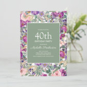 Paarse Blush Pink Floral Sage Green 40th Birthday Kaart (Staand voorkant)