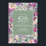 Paarse Blush Pink Floral Sage Green 40th Birthday Kaart<br><div class="desc">Mooie en elegante paarse en wazige roze waterverf florale en sage groene bladeren 40e verjaardagsfeest uitnodiging voor vrouwen. Neem contact met ons op voor hulp bij het aanpassen of aanpassen van producten.</div>