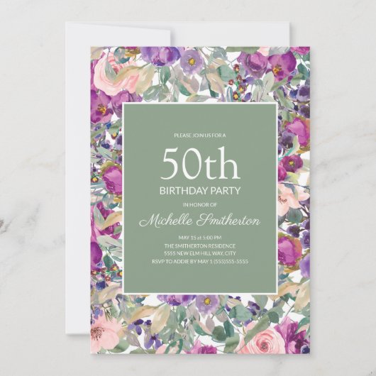 Paarse Blush Pink Floral Sage Green 50th Birthday Kaart (Voorkant)