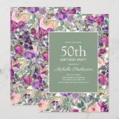 Paarse Blush Pink Floral Sage Green 50th Birthday Kaart (Voorkant / Achterkant)