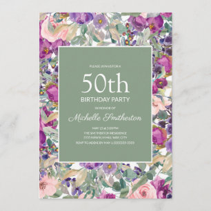 Paarse Blush Pink Floral Sage Green 50th Birthday Kaart