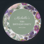 Paarse Blush Pink Floral Sage Green 50th Birthday Papieren Bordje<br><div class="desc">Mooie en elegante paarse en wazige roze waterverf florale en sage groene bladeren 50e verjaardag (of elke leeftijd) feestpapier borden voor vrouwen. Neem contact met ons op voor hulp bij het aanpassen of aanpassen van producten.</div>