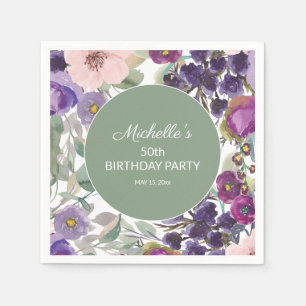 Paarse Blush Pink Floral Sage Green 50th Birthday Servet