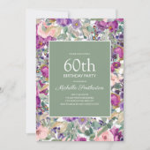 Paarse Blush Pink Floral Sage Green 60th Birthday Kaart (Voorkant)