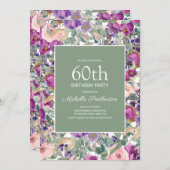 Paarse Blush Pink Floral Sage Green 60th Birthday Kaart (Voorkant / Achterkant)