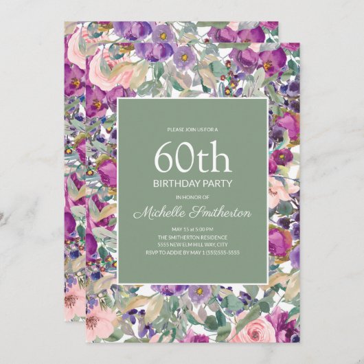 Paarse Blush Pink Floral Sage Green 60th Birthday Kaart (Voorkant / Achterkant)