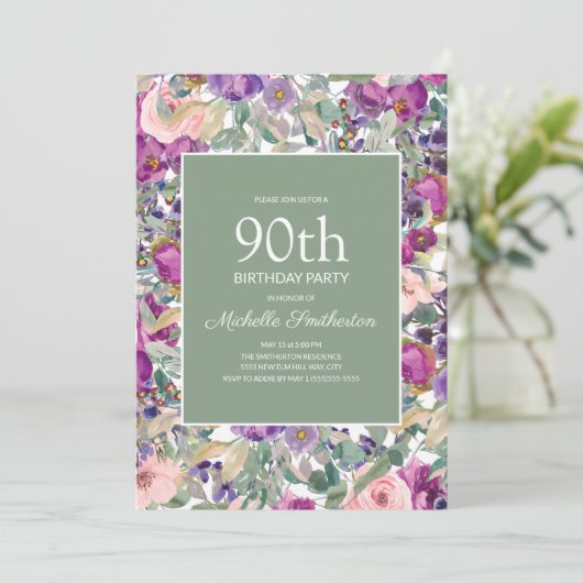 Paarse Blush Pink Floral Sage Green 90th Birthday Kaart (Staand voorkant)
