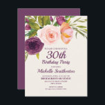 Paarse Blush Pink Floral Women's 30th Birthday Kaart<br><div class="desc">Elegant en mooi paars en wazig roze waterverf floral on crème-kleurige uitnodiging voor vrouwen op de 30e verjaardag. Neem contact met ons op voor hulp bij aanpassingen of om passende producten aan te vragen.</div>