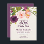 Paarse Blush Pink Floral Women's 40th Birthday Kaart<br><div class="desc">Elegant en mooi paars en wazig roze waterverf floral on crème-kleurige uitnodiging voor vrouwen op 40e verjaardag. Neem contact met ons op voor hulp bij aanpassingen of om passende producten aan te vragen.</div>