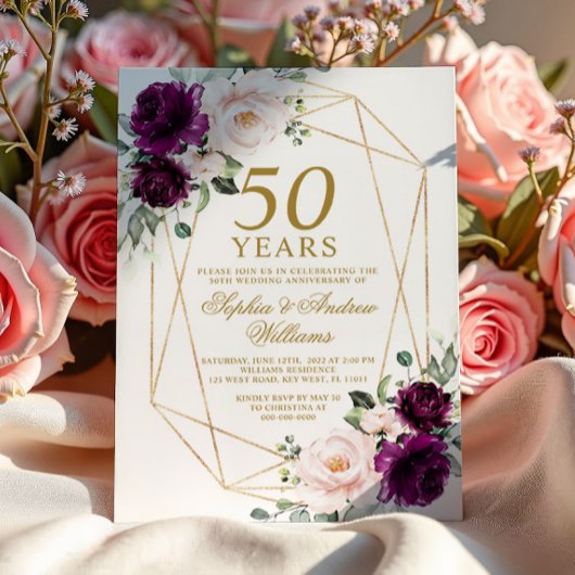 Paarse & Blush Roos 50ste bruiloft Jubileum Kaart