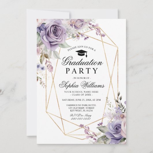 Paarse & Blush Roos Afstudeerfeest Girly Floral Kaart (Voorkant)