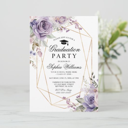 Paarse & Blush Roos Afstudeerfeest Girly Floral Kaart (Staand voorkant)