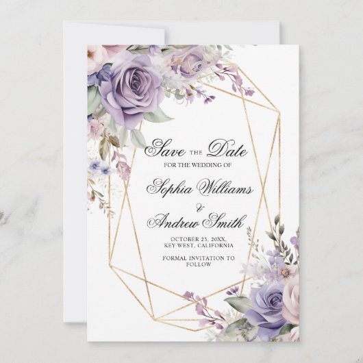 Paarse & Blush Roos Bloemen Bewaar de Datum Kaart (Voorkant)