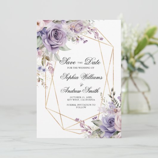 Paarse & Blush Roos Bloemen Bewaar de Datum Kaart (Staand voorkant)