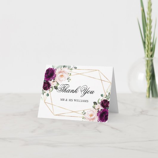 Paarse & Blush Roos Bloemen bruiloft Dank u kaart (Voorkant)