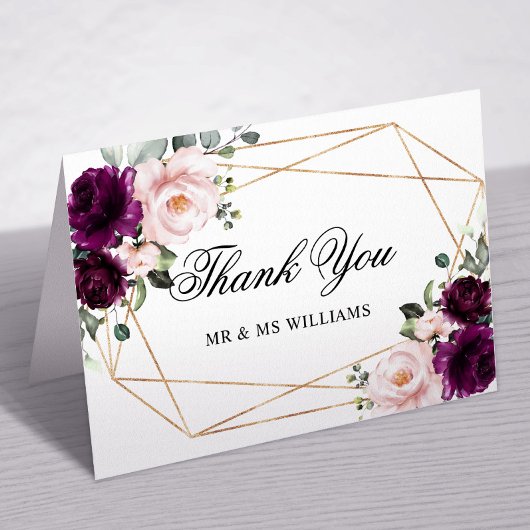 Paarse & Blush Roos Bloemen bruiloft Dank u kaart