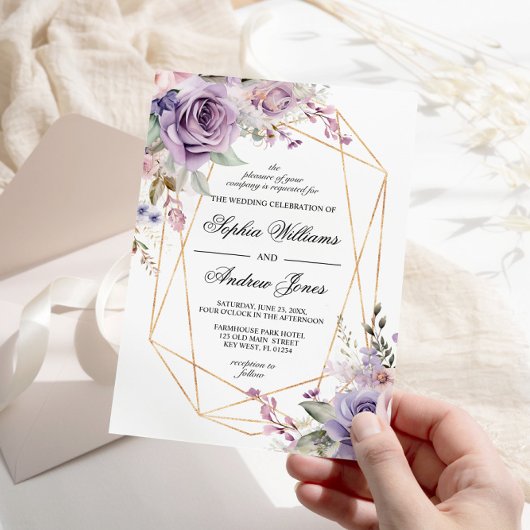 Paarse & Blush Roos Bloemen Bruiloft Uitnodiging